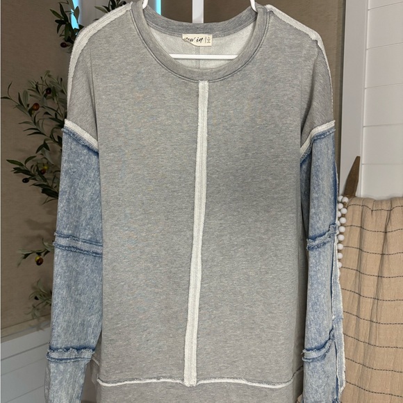Denim and Grey Distressed Lightweight Sweatshirt, Large - Picture 1 of 5